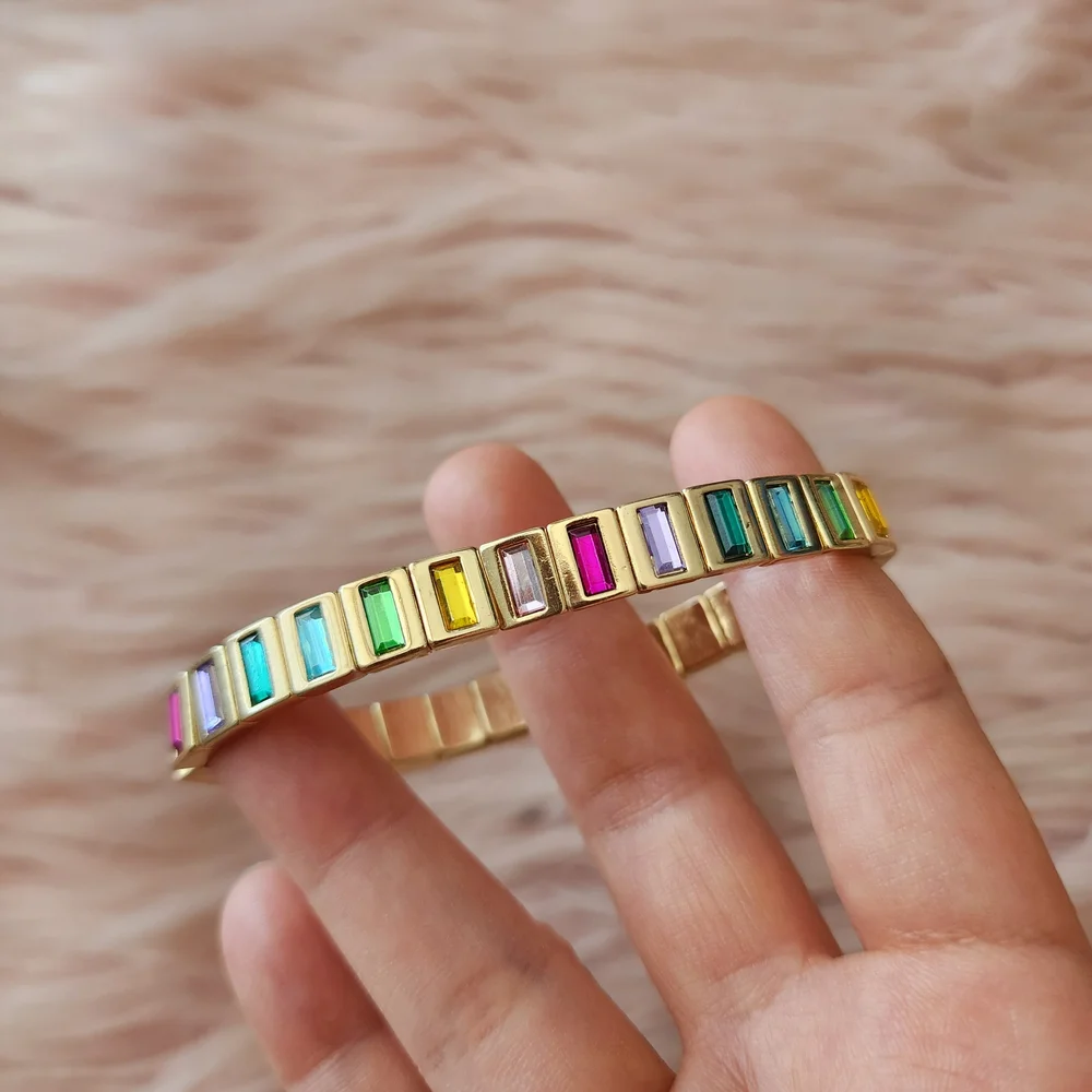 Vibrant Rainbow Rhinestone Bracelet Gold Tone Baguette Crystal Stretch Jewelry